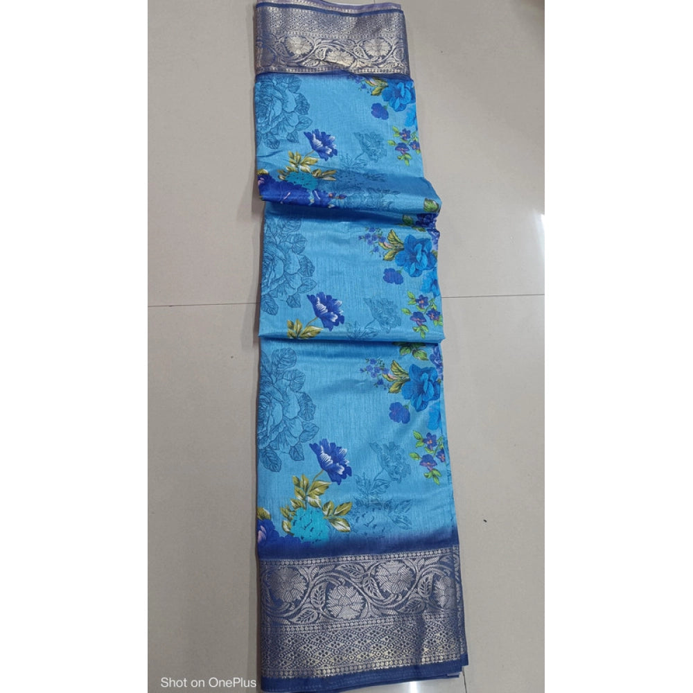 Women's Digital Dolla Silk Printed Saree — Sky Blue · 1073
