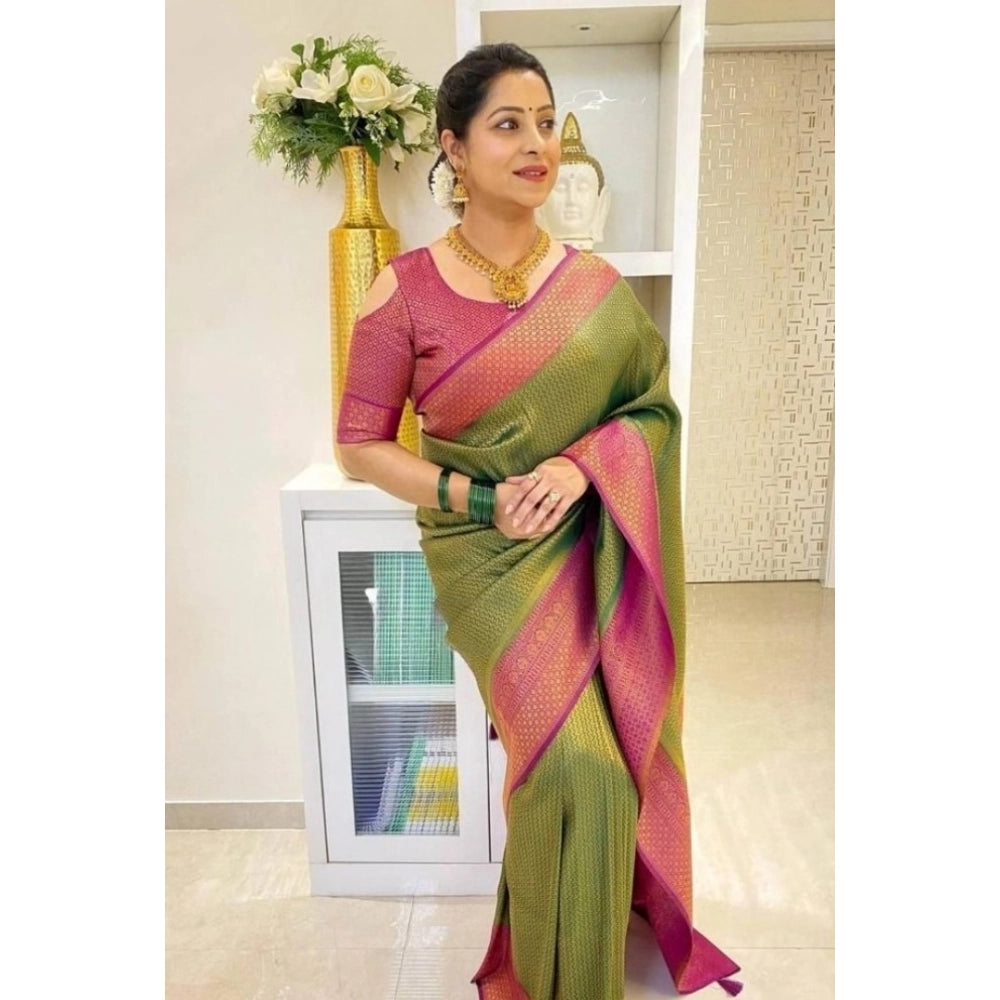 Women's Soft Lichi Silk Printed Saree — Mehndi-Green
