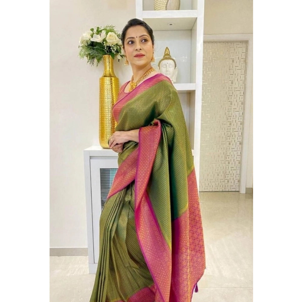 Women's Soft Lichi Silk Printed Saree — Mehndi-Green