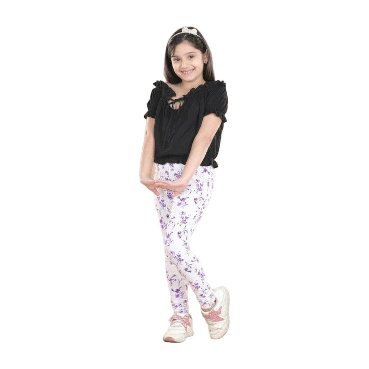 Girl's Cotton Lycra Floral Elasticated Jeggings — White-Lave AllQwik