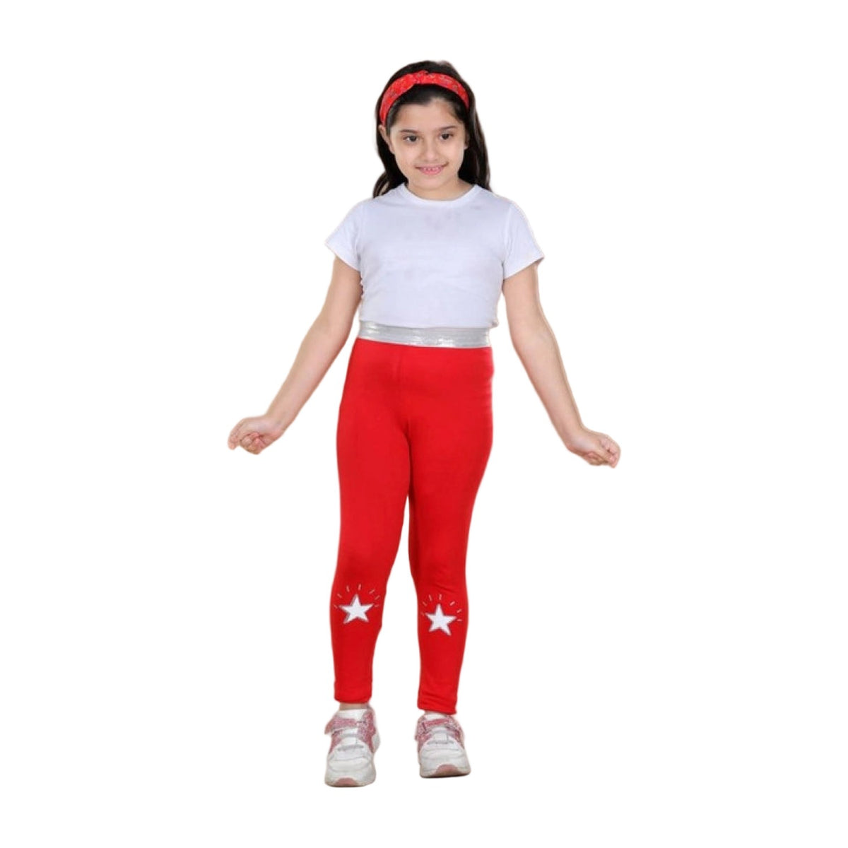 Girl's Cotton Lycra Star Print Elasticated Leggings — Red AllQwik