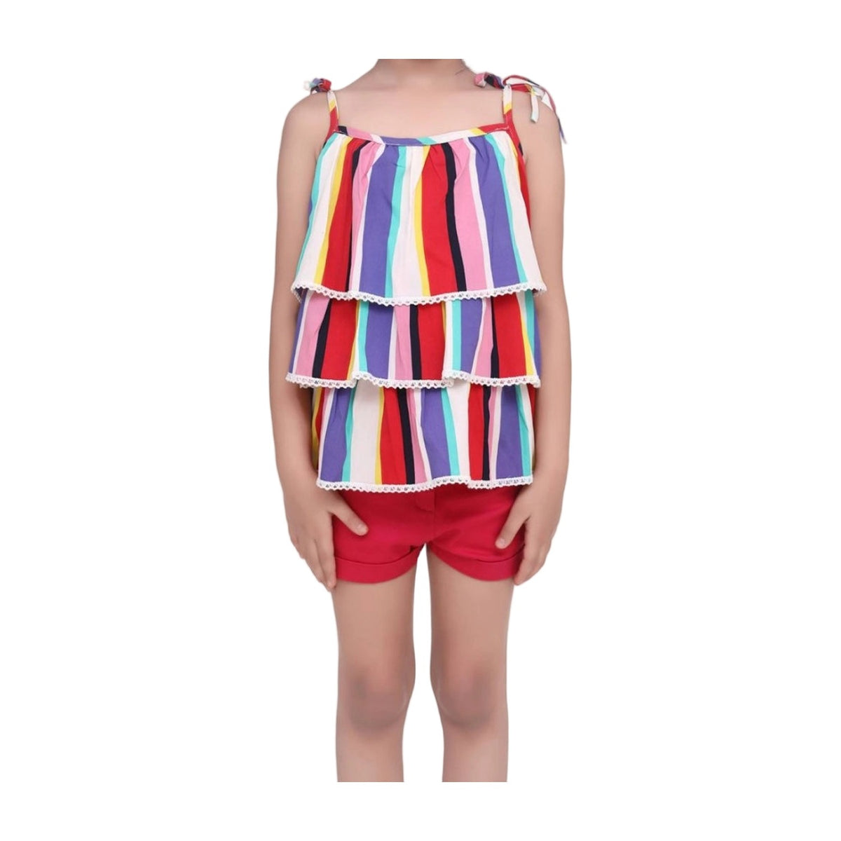 Girl's Crepe Striped Tie Ups Shorts Set AllQwik