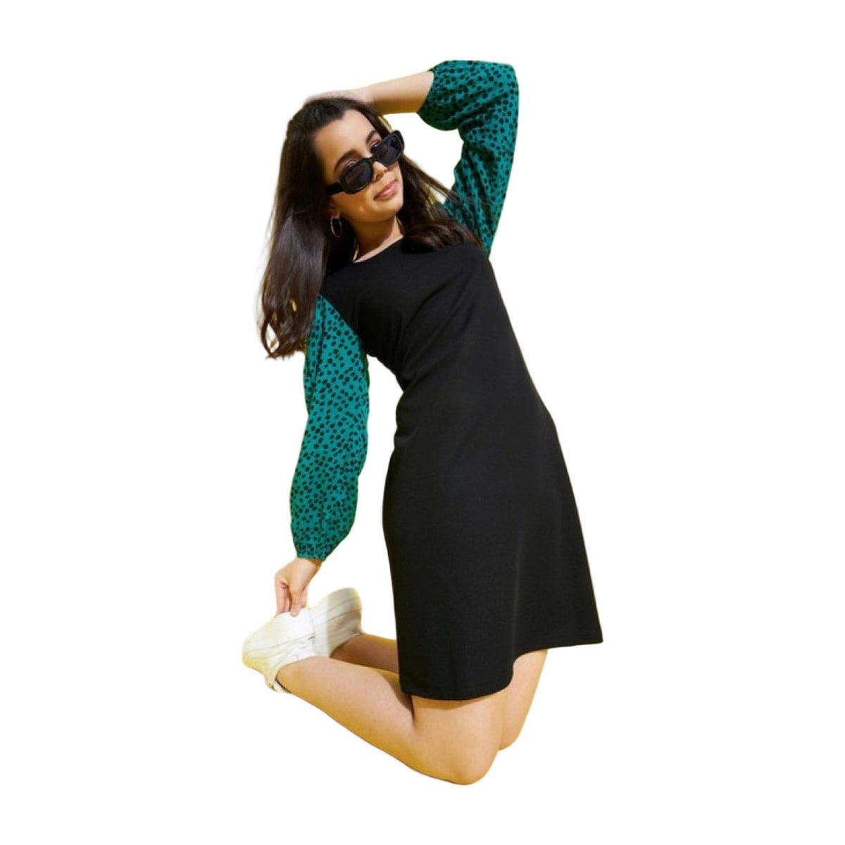 Girl's Printed Long Sleeves Dress — Black-Green AllQwik
