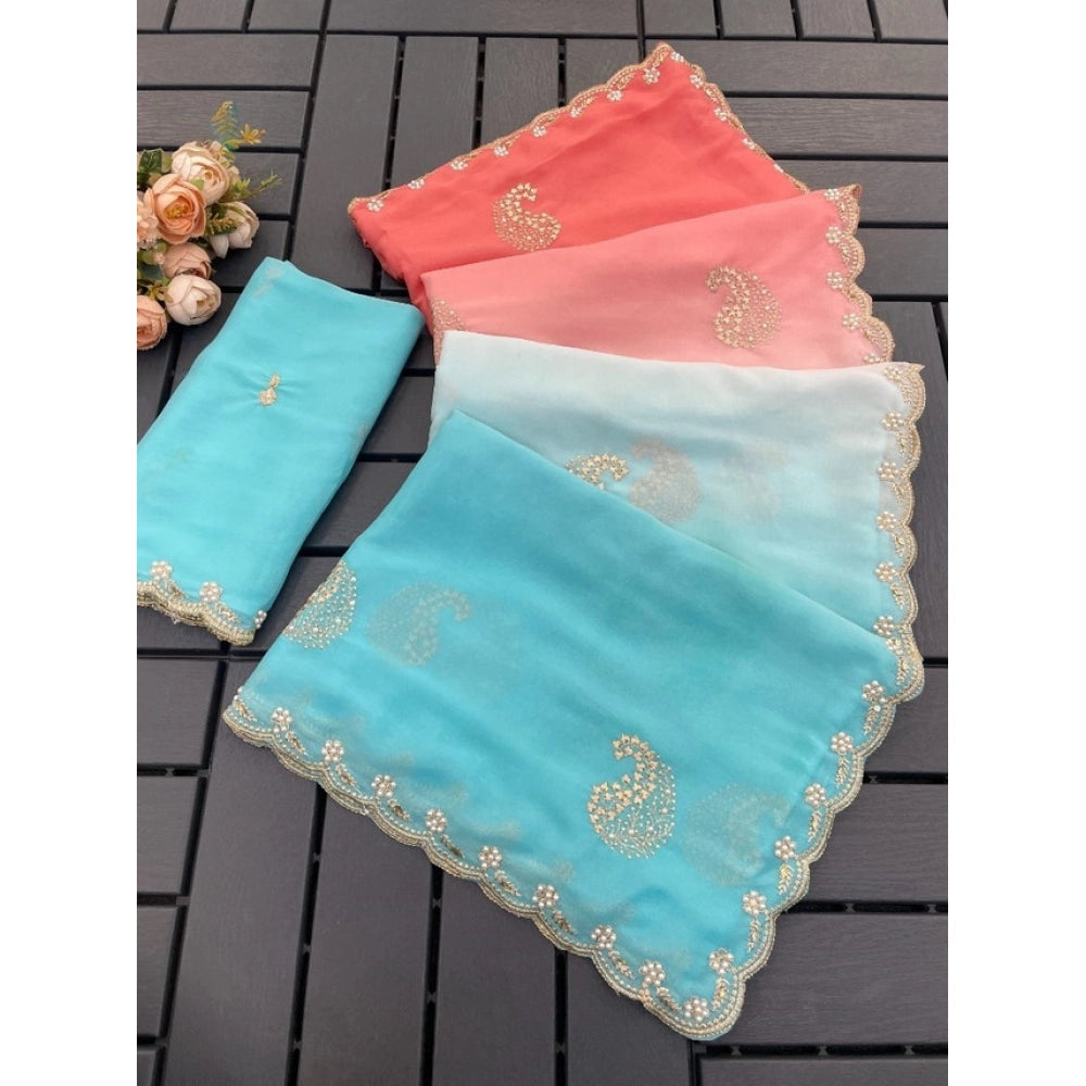 Women's Digital Printed Geogette Saree — Blue