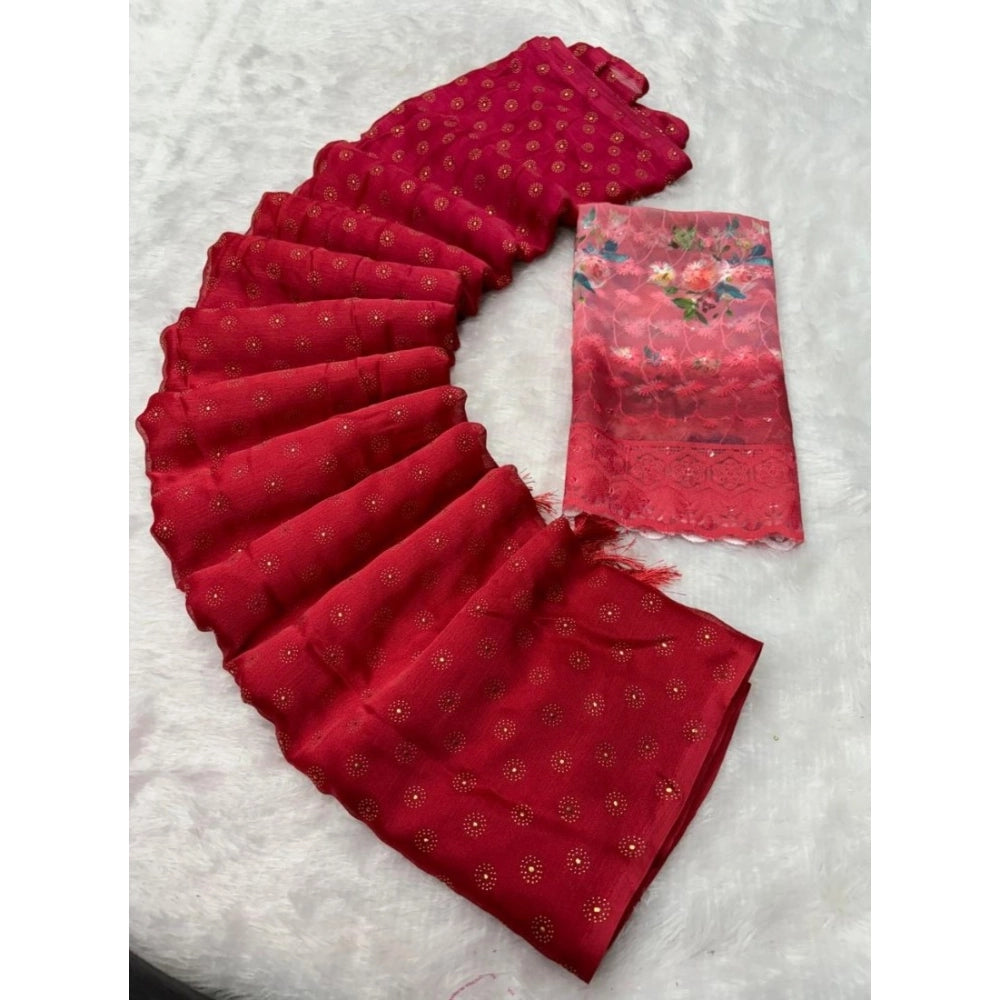 Women's Printed Brasso Saree — Red