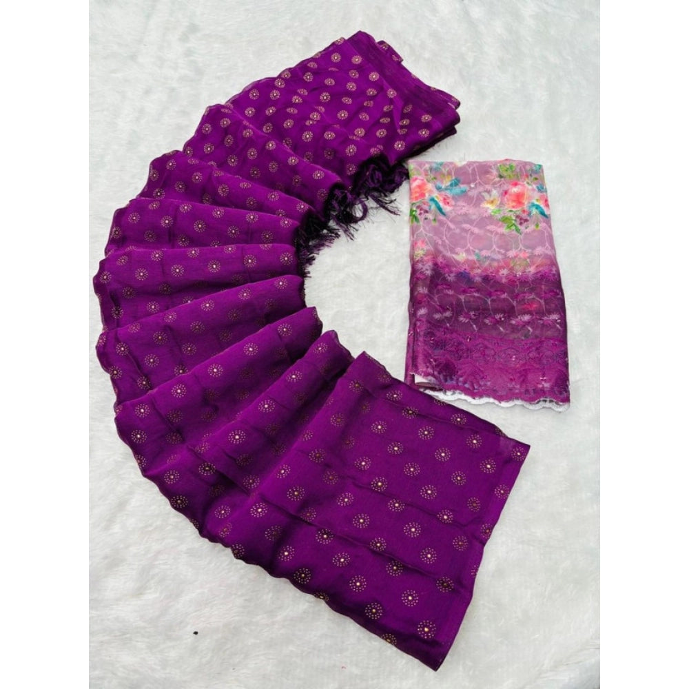 Women's Printed Brasso Saree — Magenta