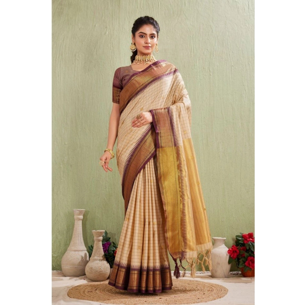 Women's Silk Blended Jaquard Woven Saree — Beige