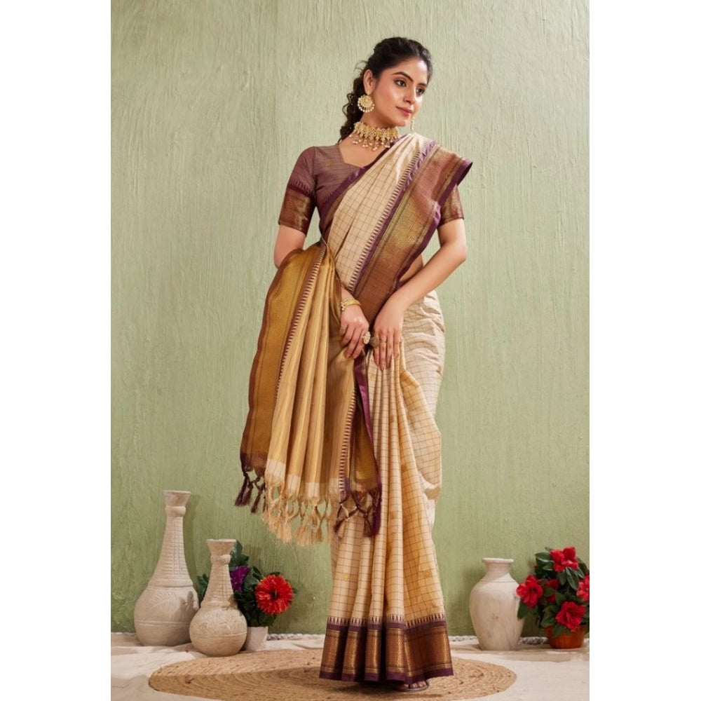 Women's Silk Blended Jaquard Woven Saree — Beige