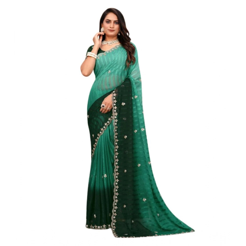 Women's Chiffon Embroidred Saree — Dark Green