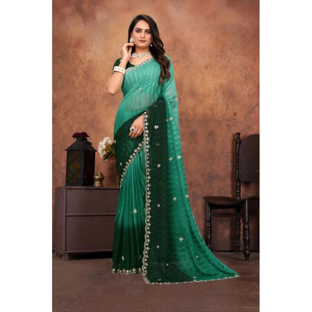 Women's Chiffon Embroidred Saree — Dark Green