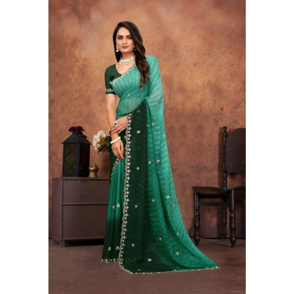 Women's Chiffon Embroidred Saree — Dark Green