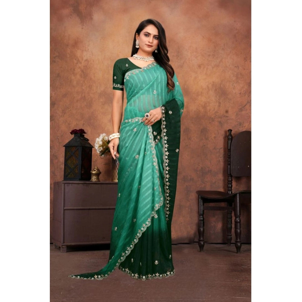 Women's Chiffon Embroidred Saree — Dark Green