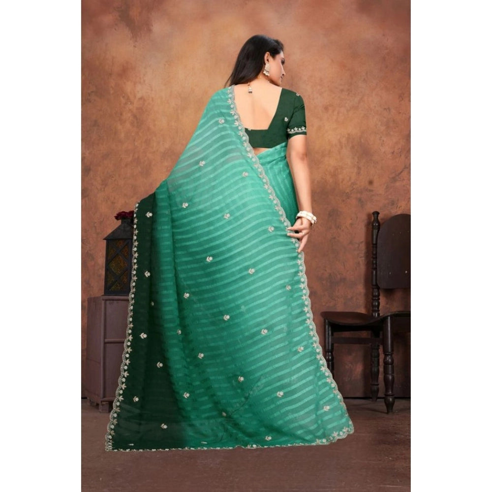 Women's Chiffon Embroidred Saree — Dark Green