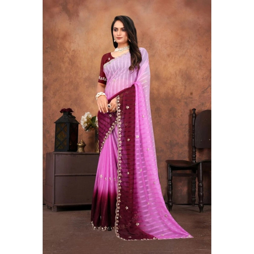 Women's Chiffon Embroidred Saree — Pink · Rani