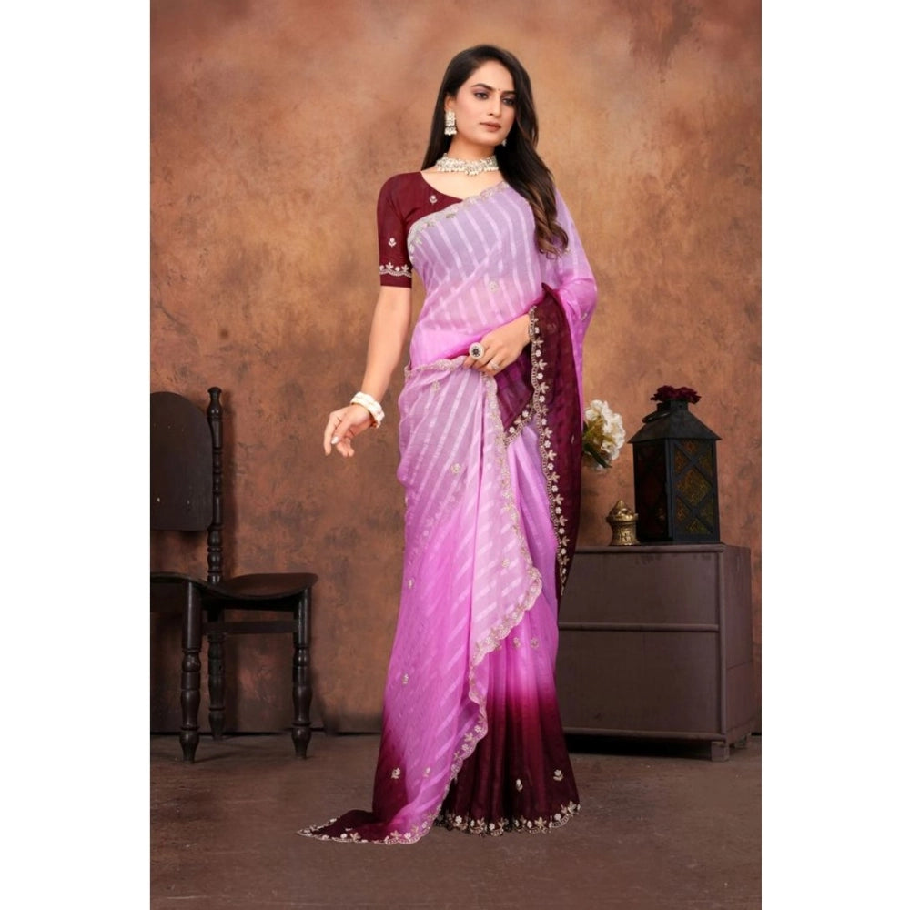 Women's Chiffon Embroidred Saree — Pink · Rani