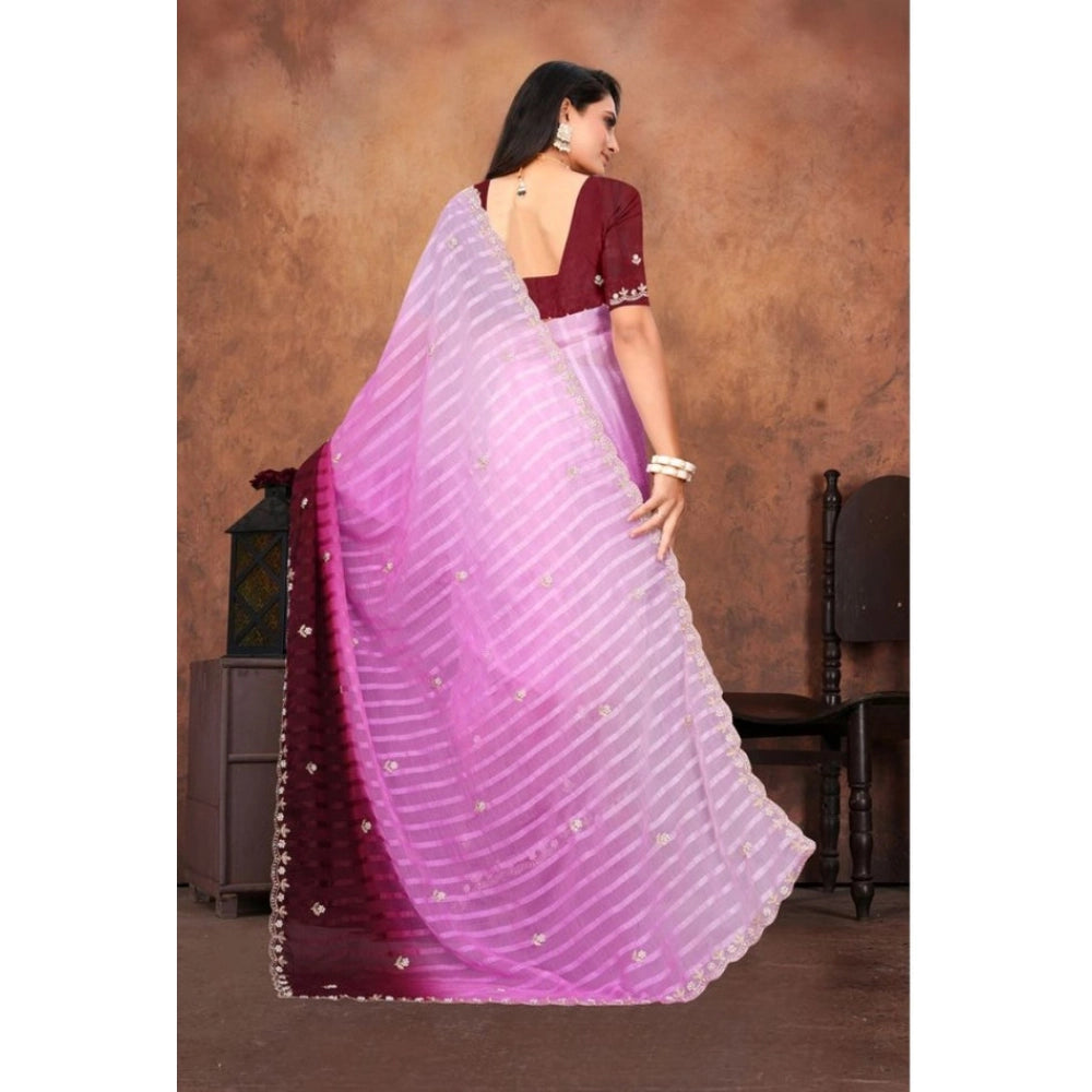 Women's Chiffon Embroidred Saree — Pink · Rani