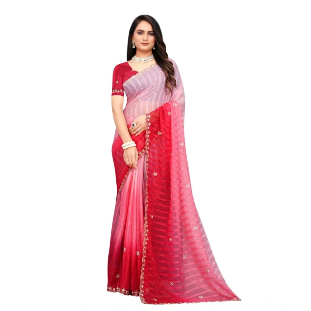 Women's Chiffon Embroidred Saree — Pink · kRed