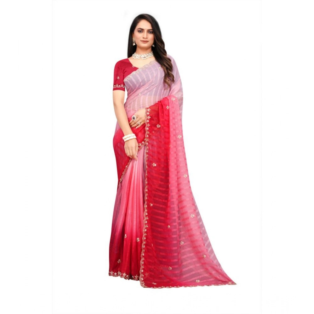 Women's Chiffon Embroidred Saree — Pink · kRed