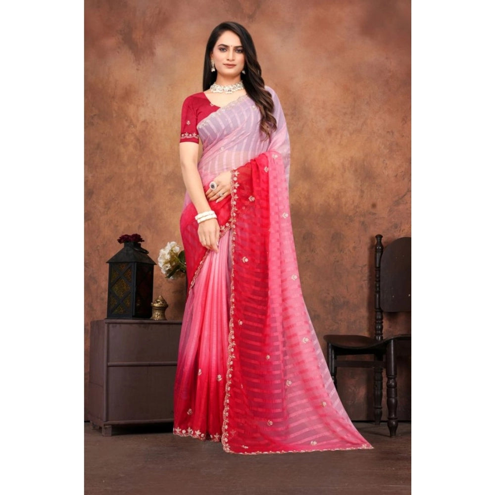 Women's Chiffon Embroidred Saree — Pink · kRed