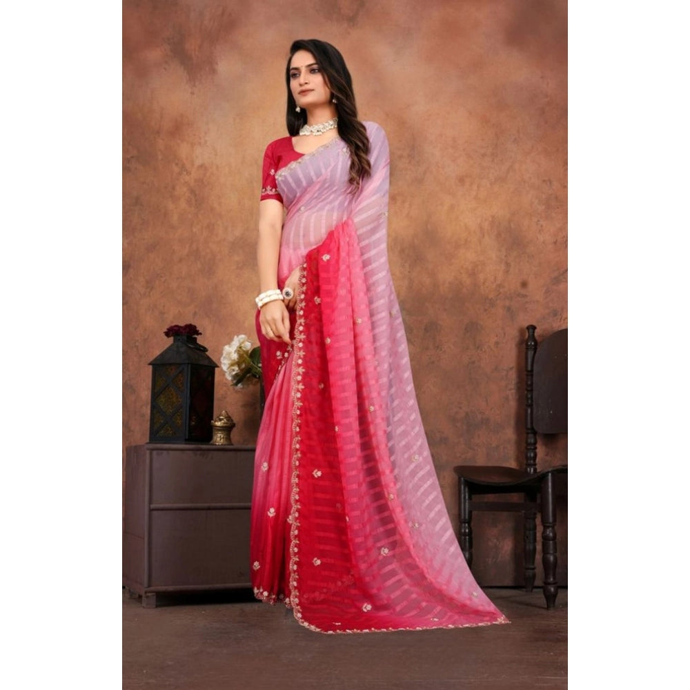 Women's Chiffon Embroidred Saree — Pink · kRed