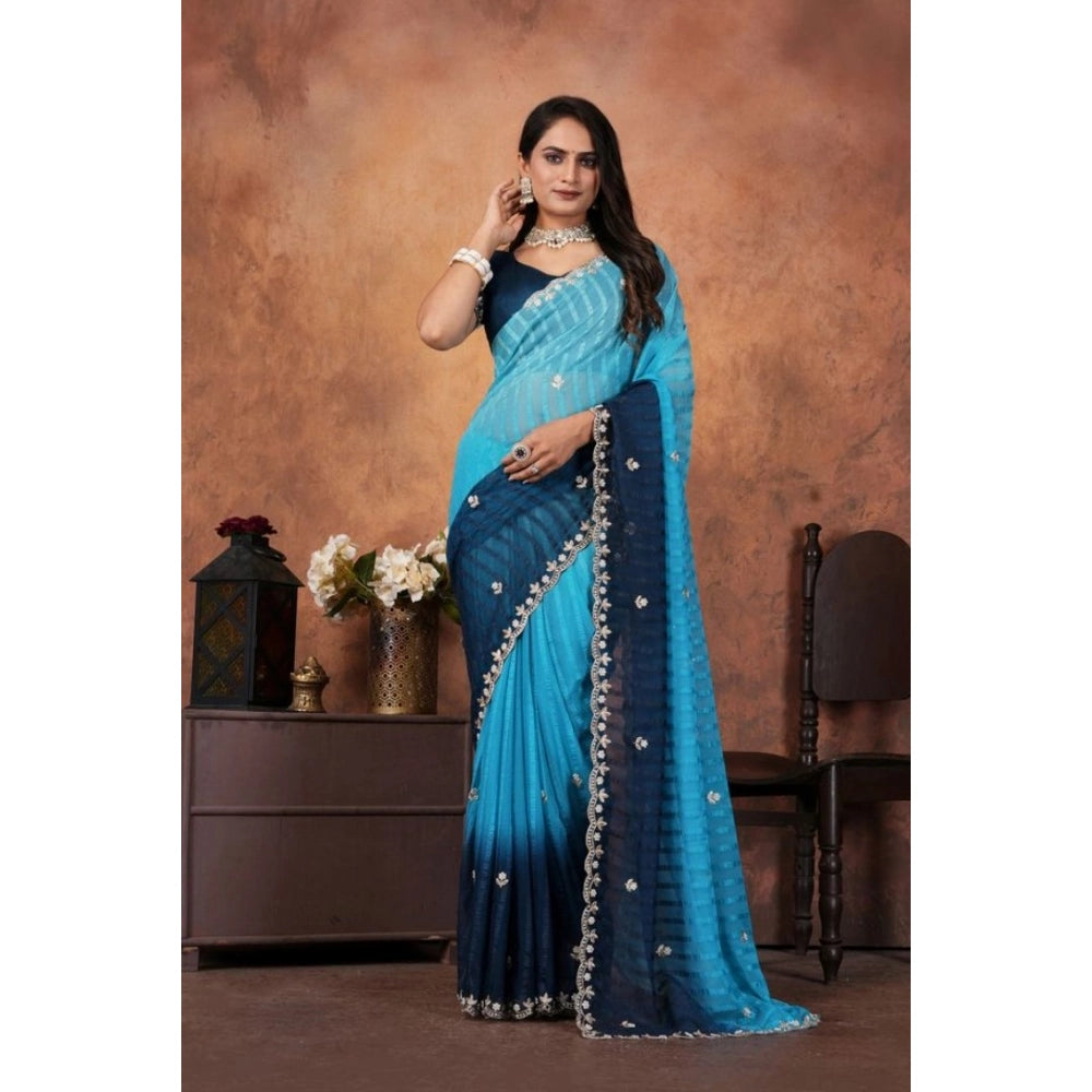 Women's Chiffon Embroidred Saree — Light Blue
