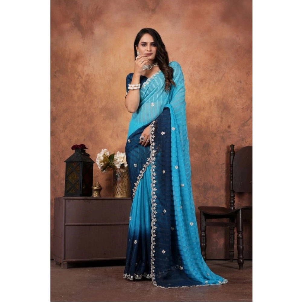 Women's Chiffon Embroidred Saree — Light Blue