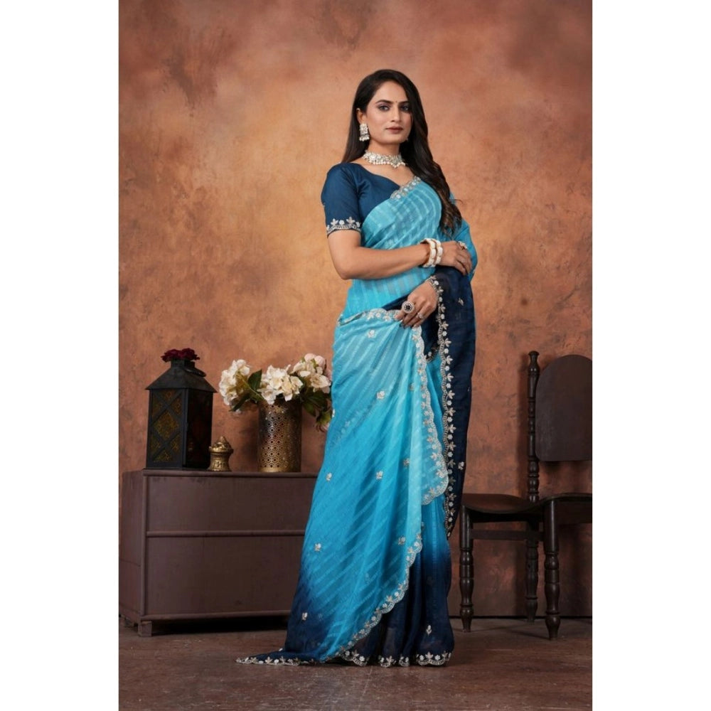 Women's Chiffon Embroidred Saree — Light Blue