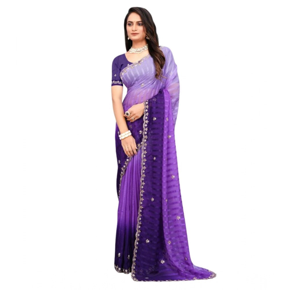 Women's Chiffon Embroidred Saree — Purple