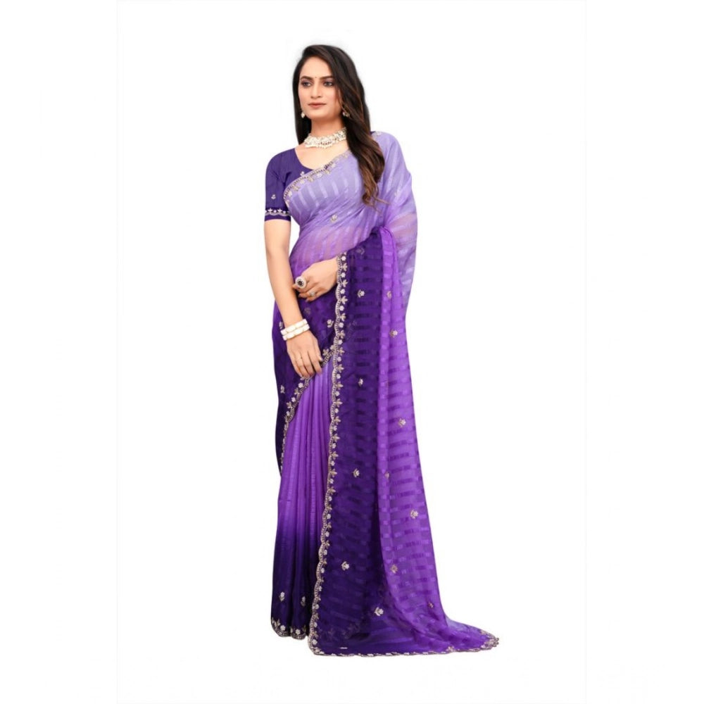 Women's Chiffon Embroidred Saree — Purple