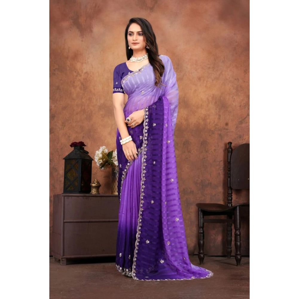 Women's Chiffon Embroidred Saree — Purple