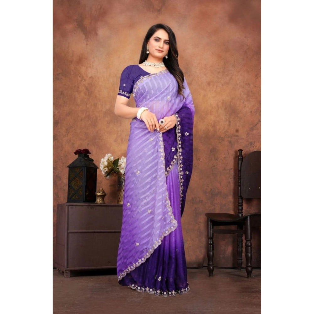Women's Chiffon Embroidred Saree — Purple