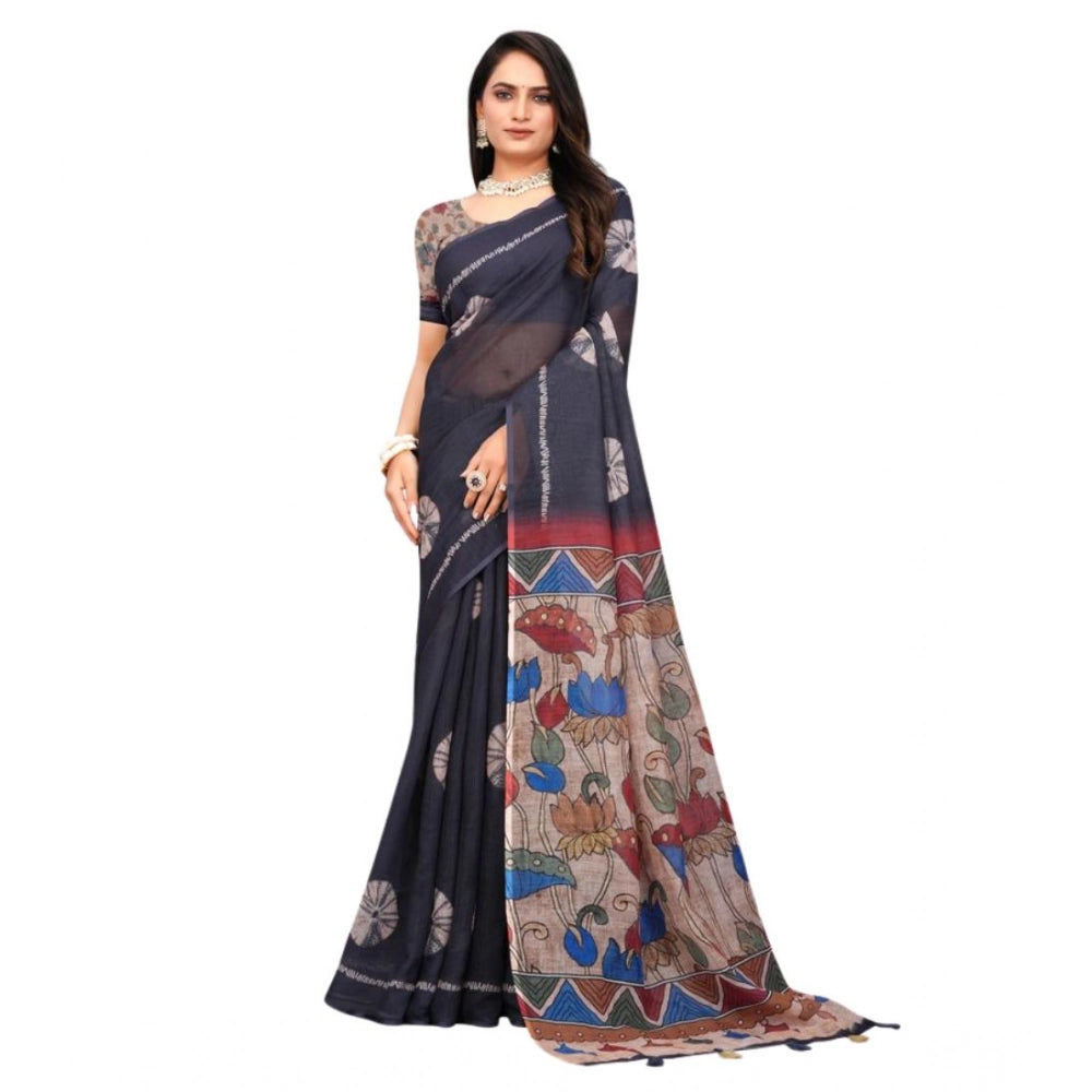 Women's Linen Printed Saree — Black · _Blk