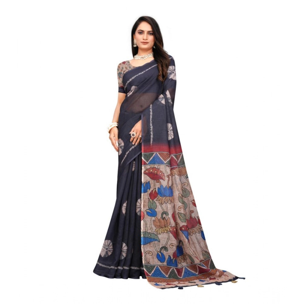 Women's Linen Printed Saree — Black · _Blk