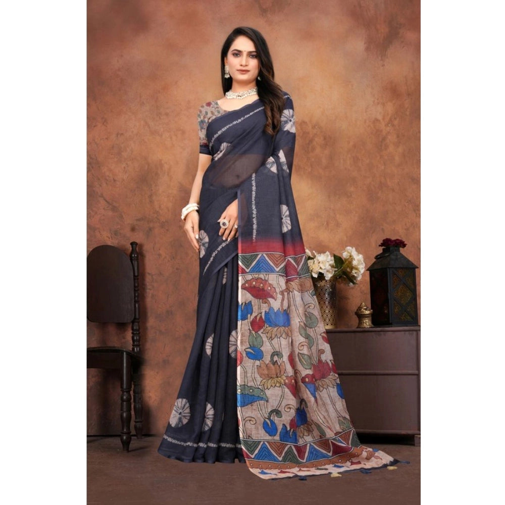 Women's Linen Printed Saree — Black · _Blk