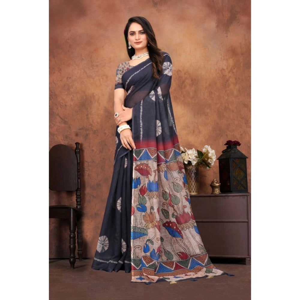 Women's Linen Printed Saree — Black · _Blk