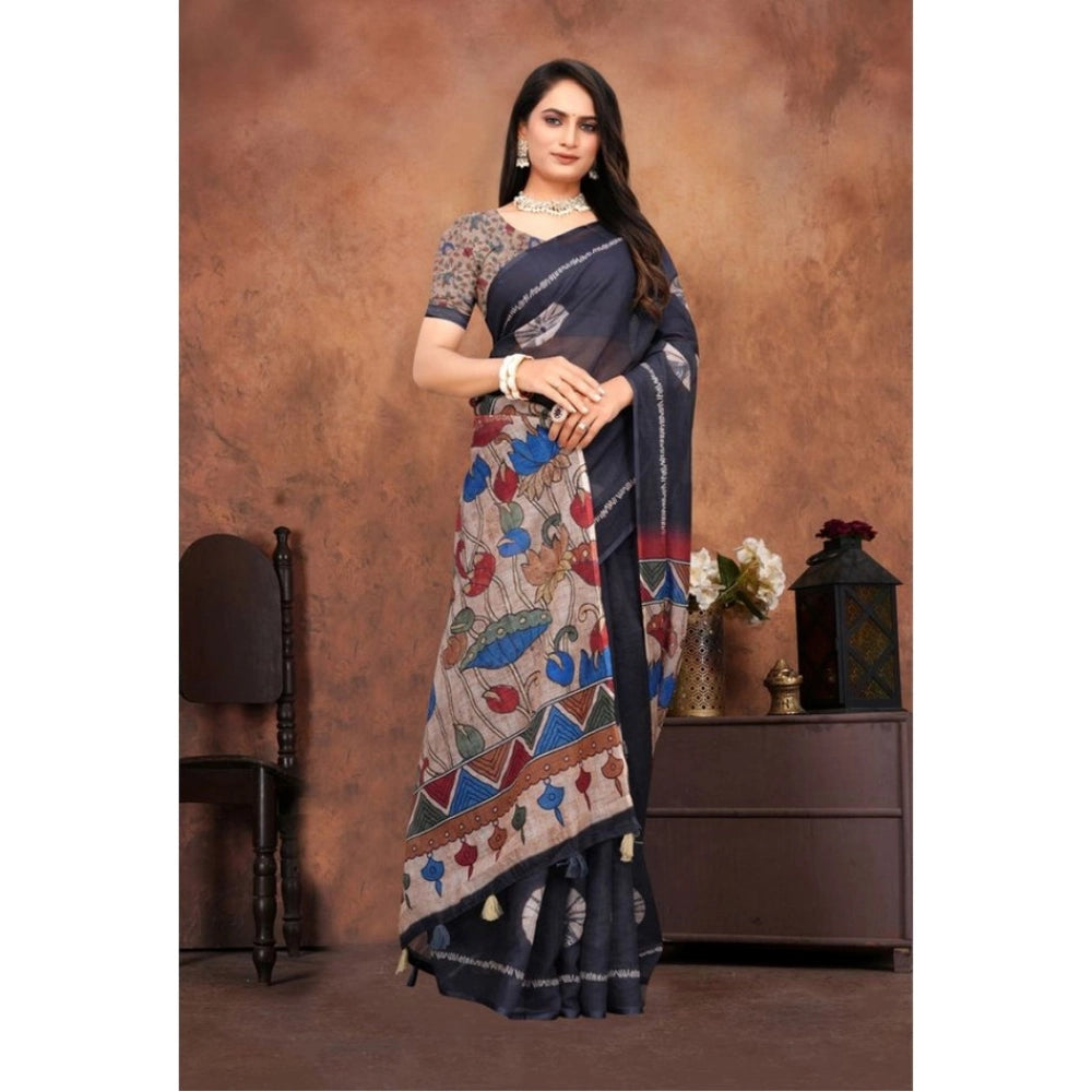 Women's Linen Printed Saree — Black · _Blk