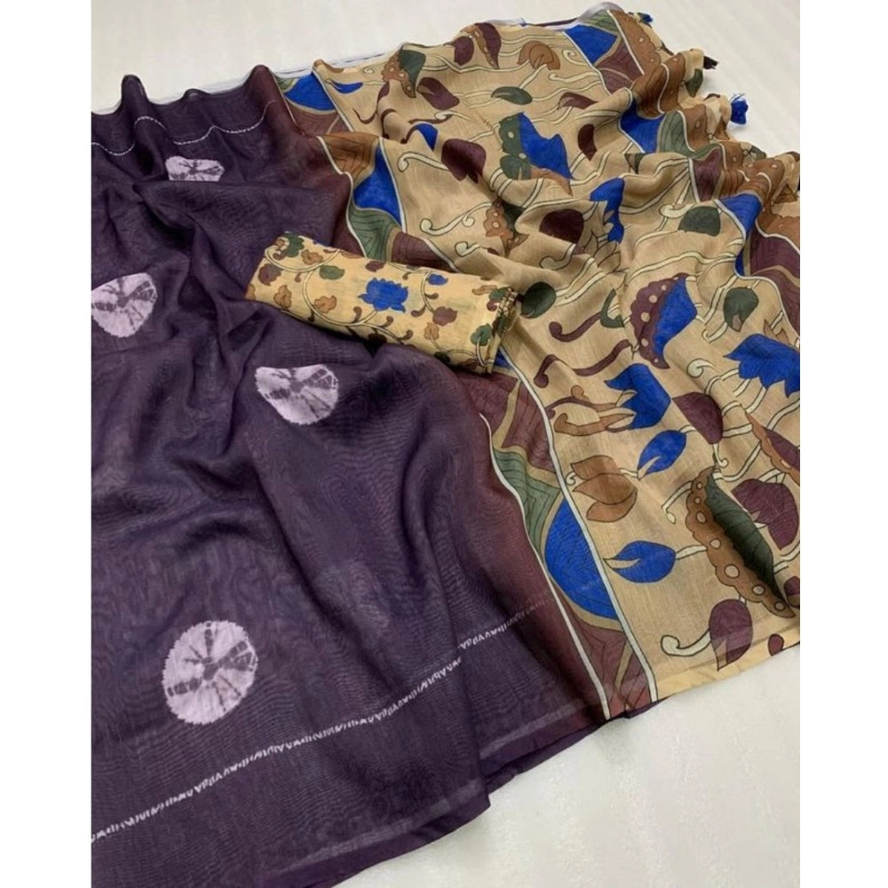 Women's Linen Printed Saree — Purple · Wine