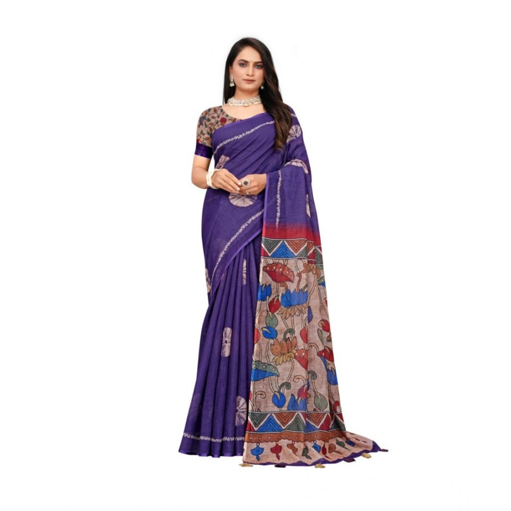 Women's Linen Printed Saree — Purple · bali