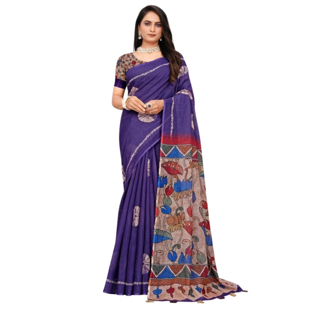 Women's Linen Printed Saree — Purple · bali