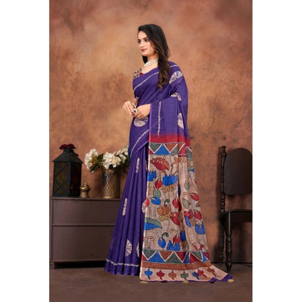 Women's Linen Printed Saree — Purple · bali