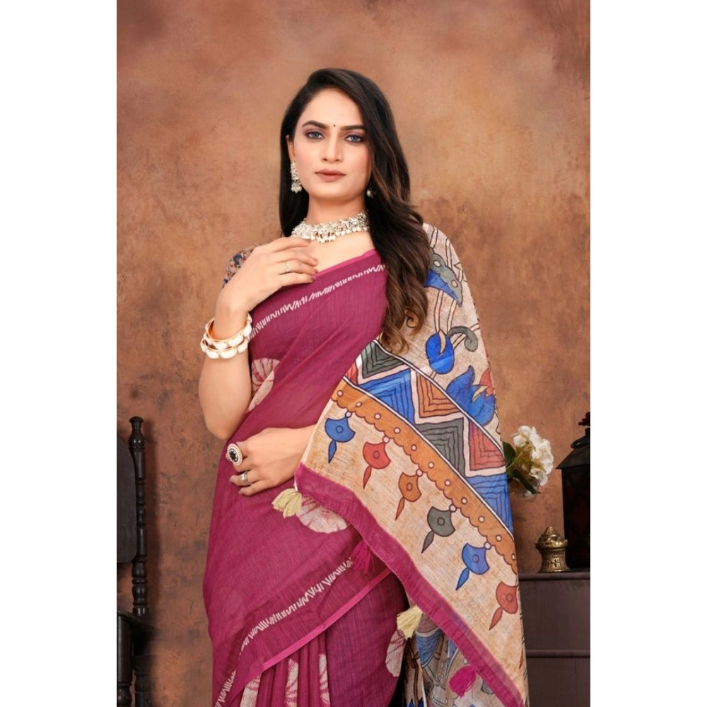 Women's Linen Printed Saree — Purple · Mgta