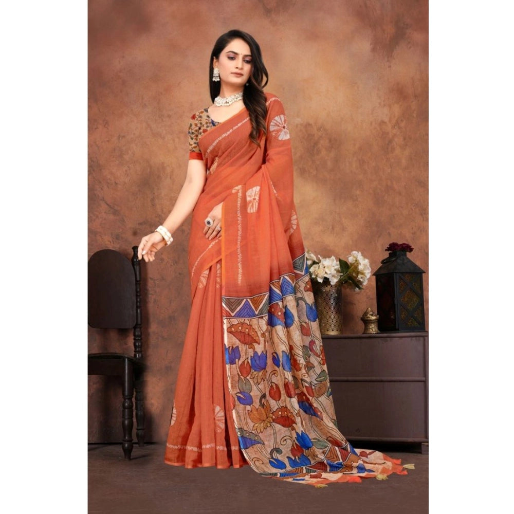 Women's Linen Printed Saree — Red · liya