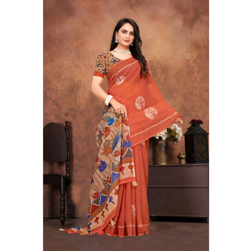 Women's Linen Printed Saree — Red · liya