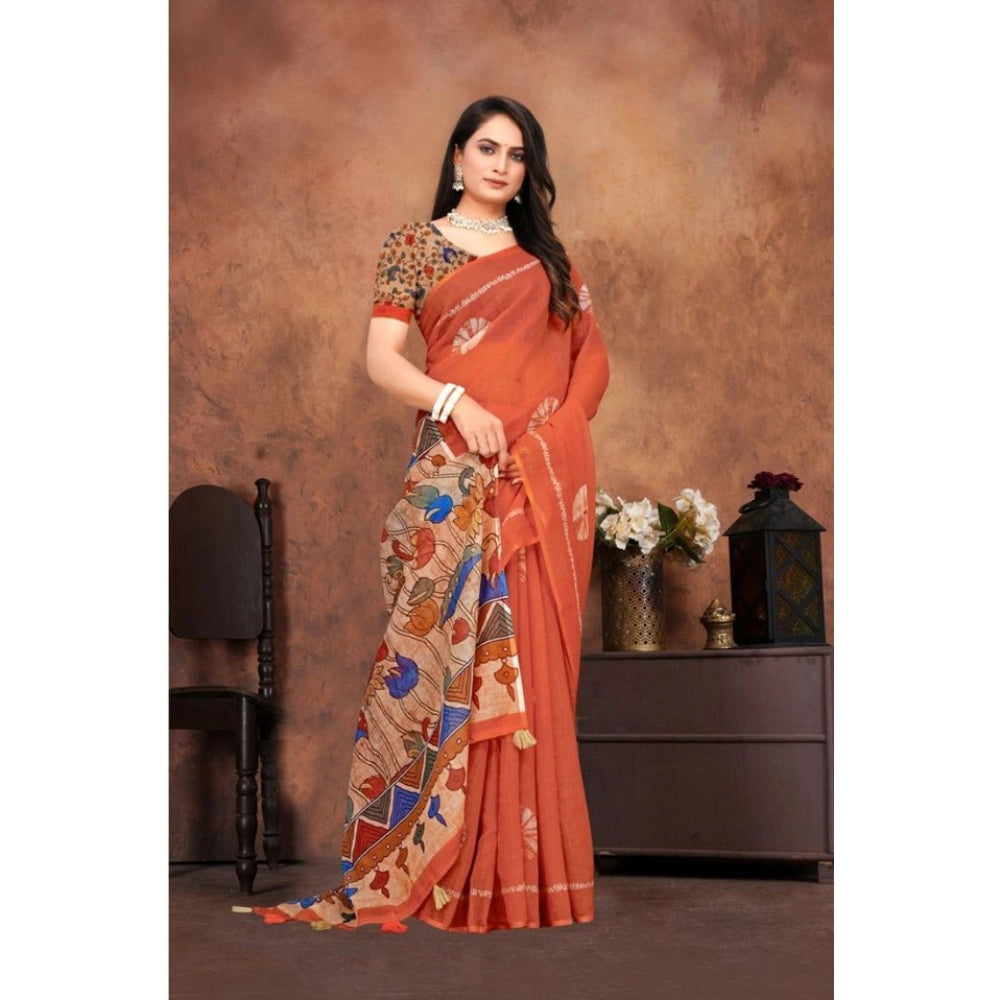 Women's Linen Printed Saree — Red · liya