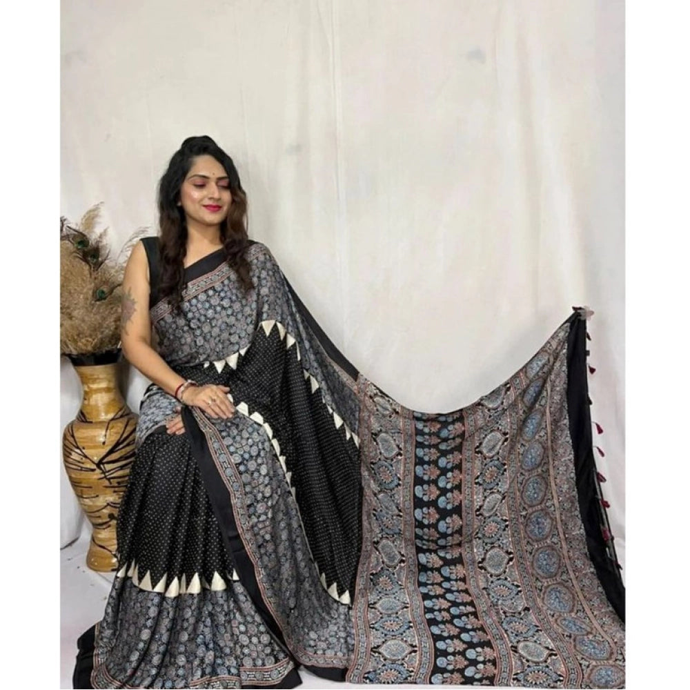 Women's Satin Printed Saree — Black · _105