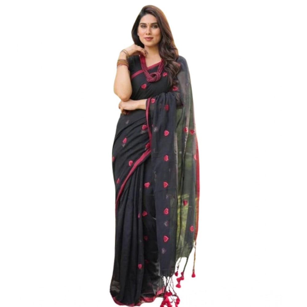 Women's Linen Printed Saree — Black · kRed