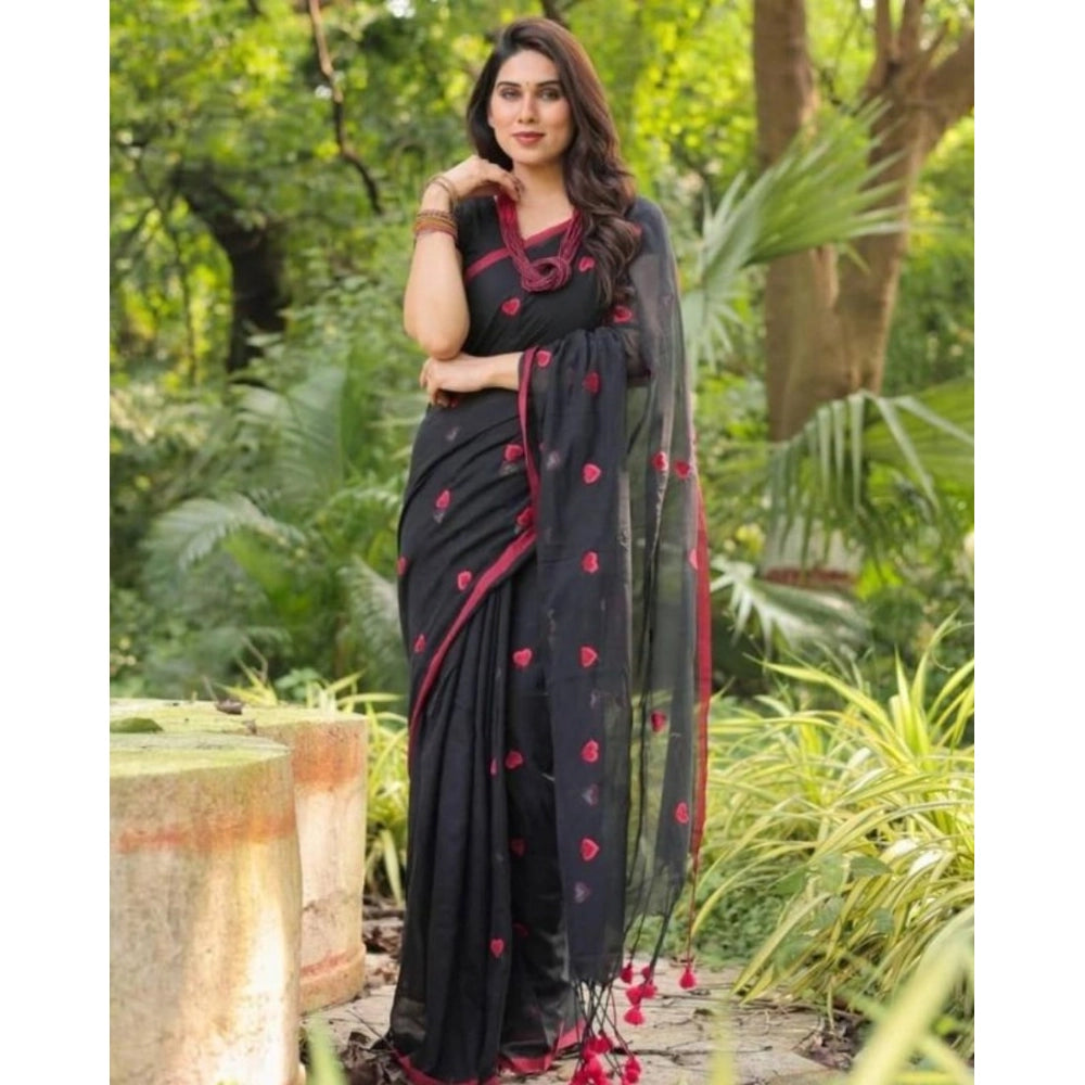 Women's Linen Printed Saree — Black · kRed