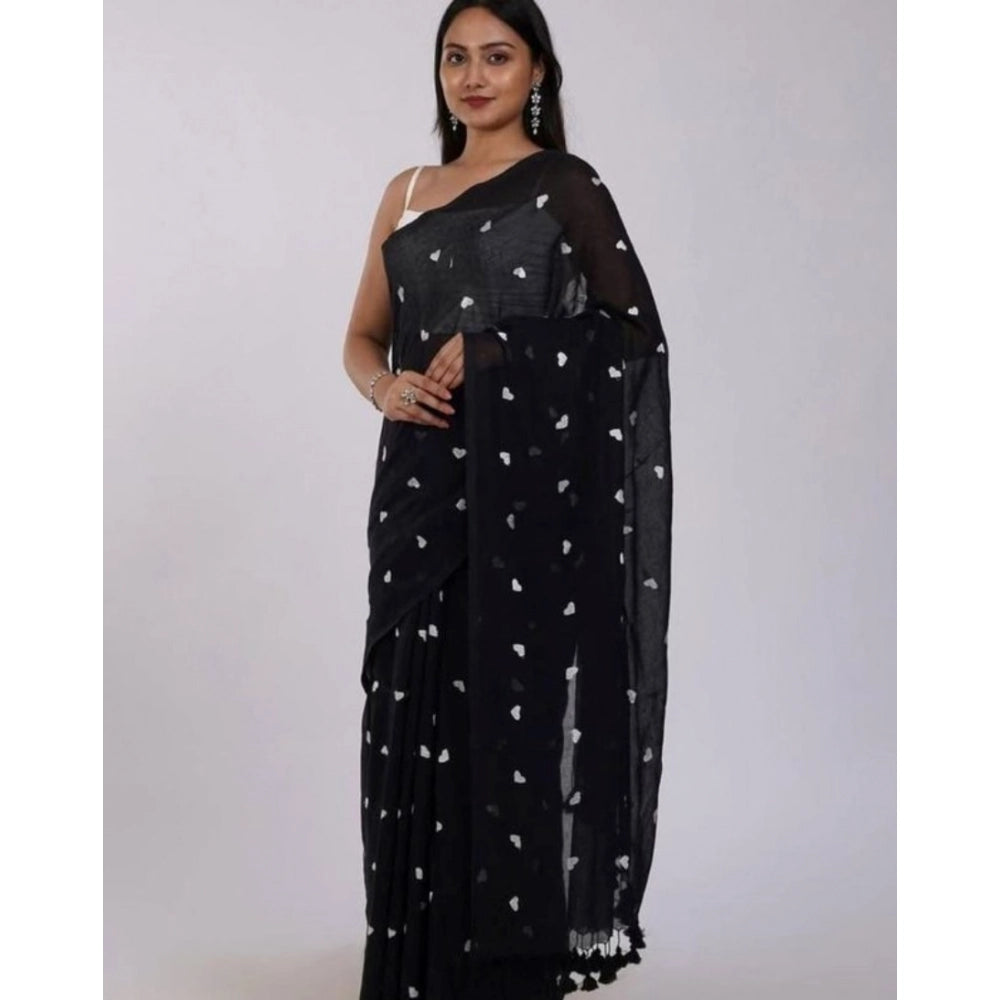 Women's Linen Printed Saree — Black · kWht