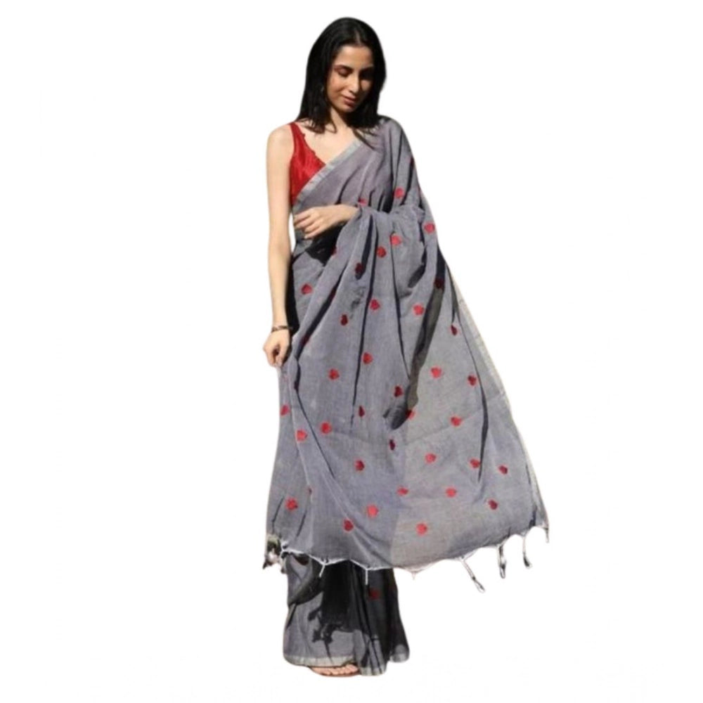Women's Linen Printed Saree — Grey · yRed