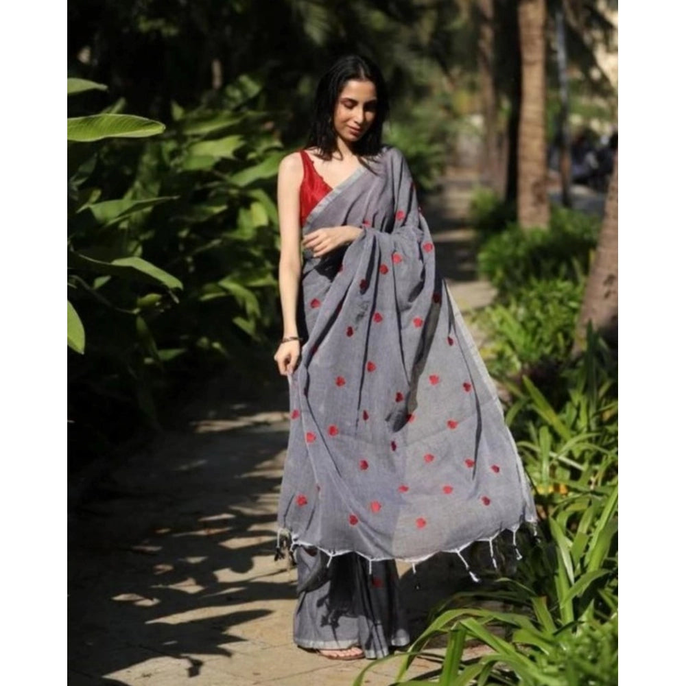 Women's Linen Printed Saree — Grey · yRed